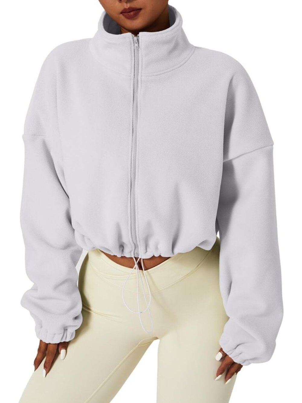 〽️Women's White Lightweight Cropped Fleece Full Zip Winter Stand Collar Jacket C